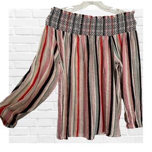 Signature Studio SZ M Smocked Off the Shoulder Boho Festival Stripe Preppy
